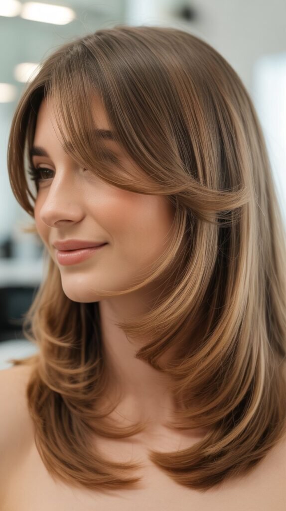 Soft Layers with Bottleneck Bangs for Elongated Elegance