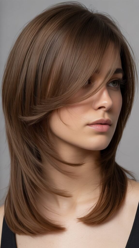  Textured Ends with Face-Framing Layers and Wispy Side Bangs