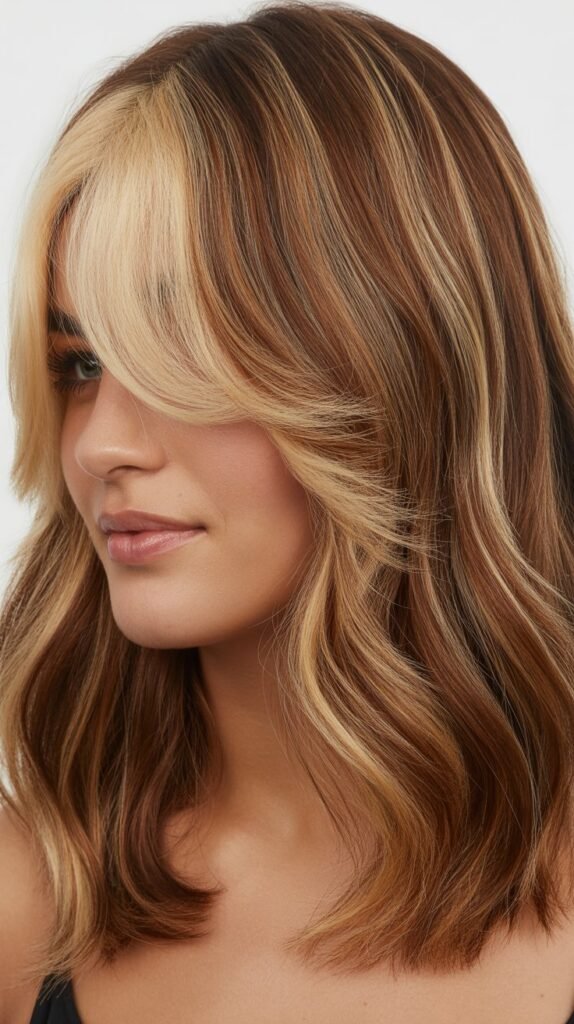 Medium Hair with Curtain Bangs and Money Piece