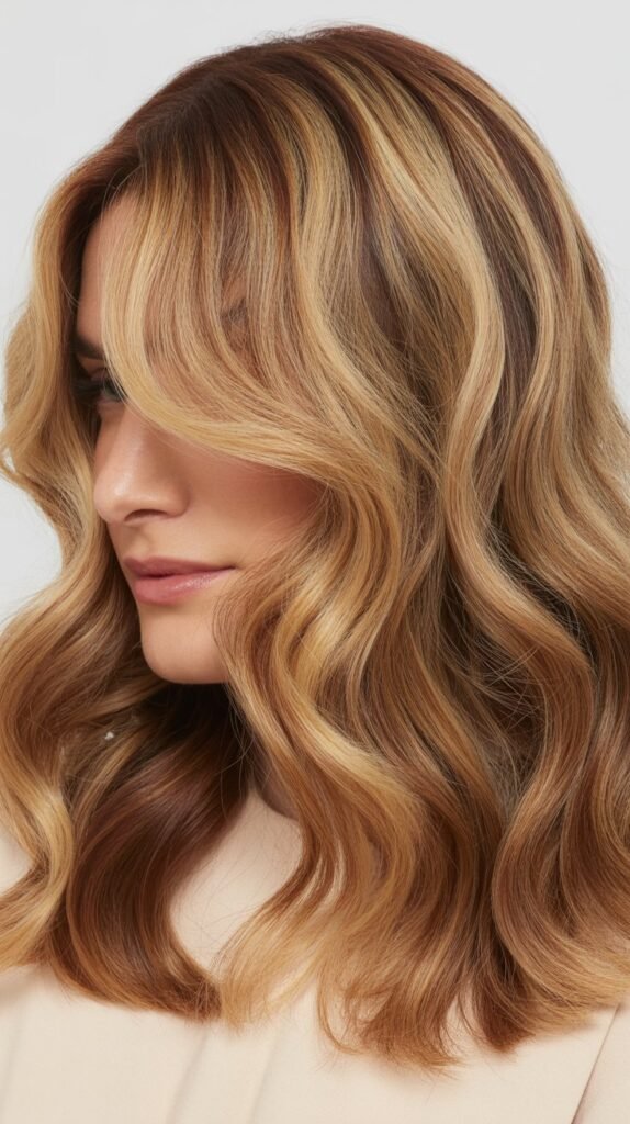 Medium Wavy Hair With Center-Part Curtain Bangs And Lowlights