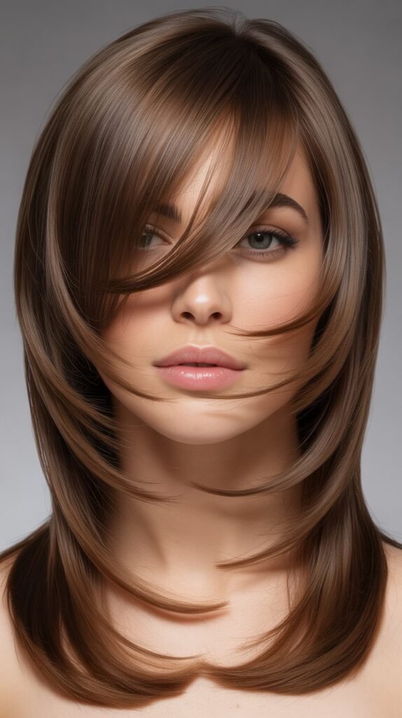 Butterfly Cut with Face-Framing Layers and Diagonal Bangs
