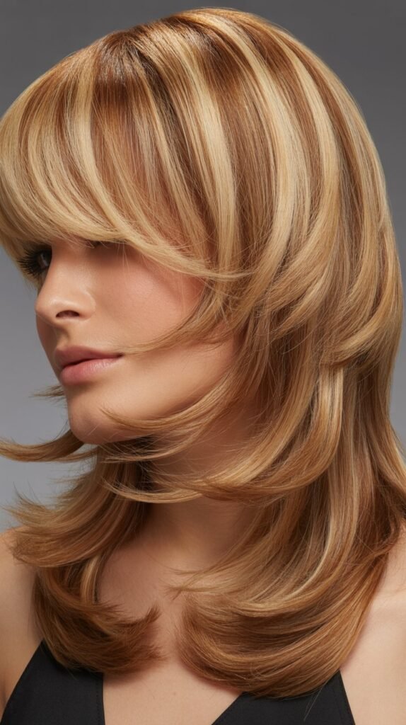 Arched Bangs with Caramel Blonde Beveled Layers