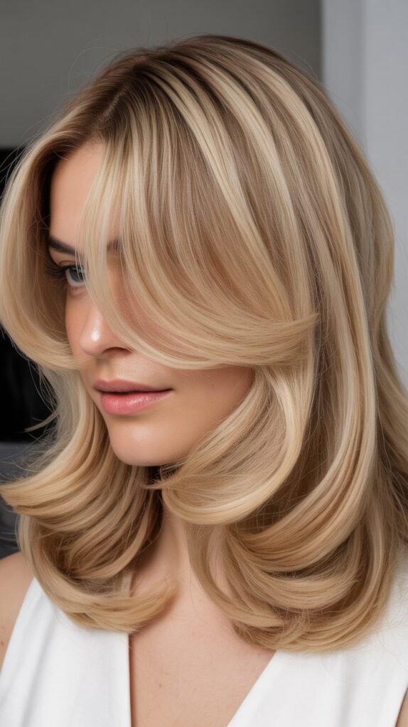 Dimensional Blonde with Curtain Bangs and Volume