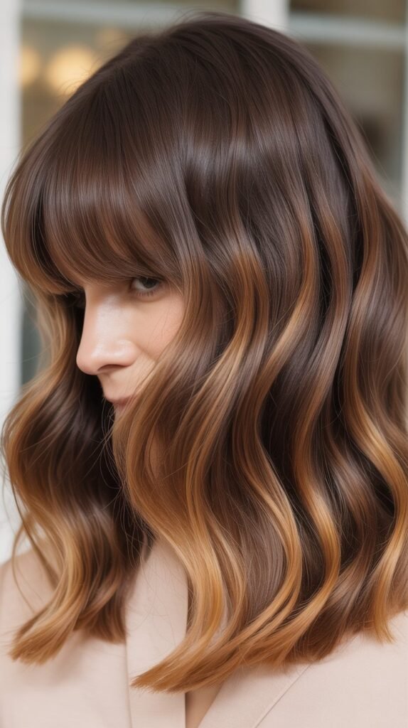 Caramel Balayage Medium Cut with Curtain Bangs