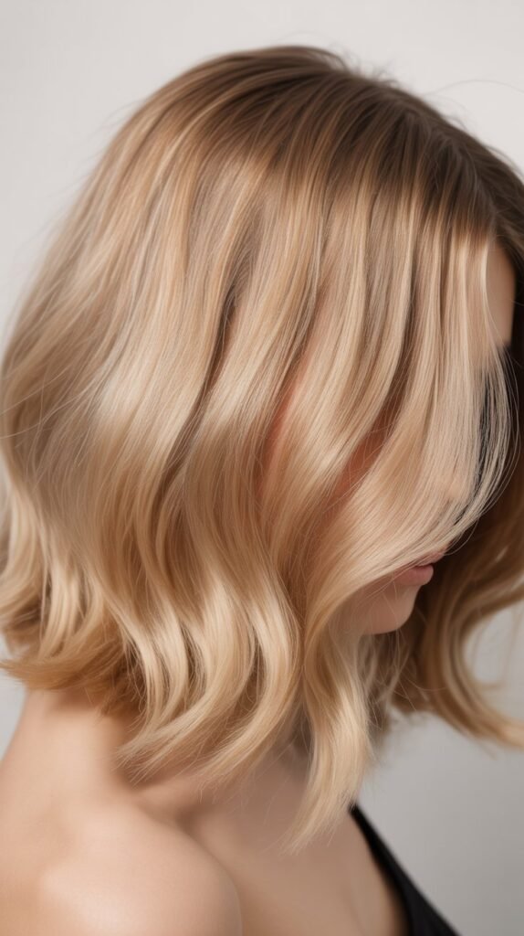 Tousled Beige Blonde Lob with Root Melt