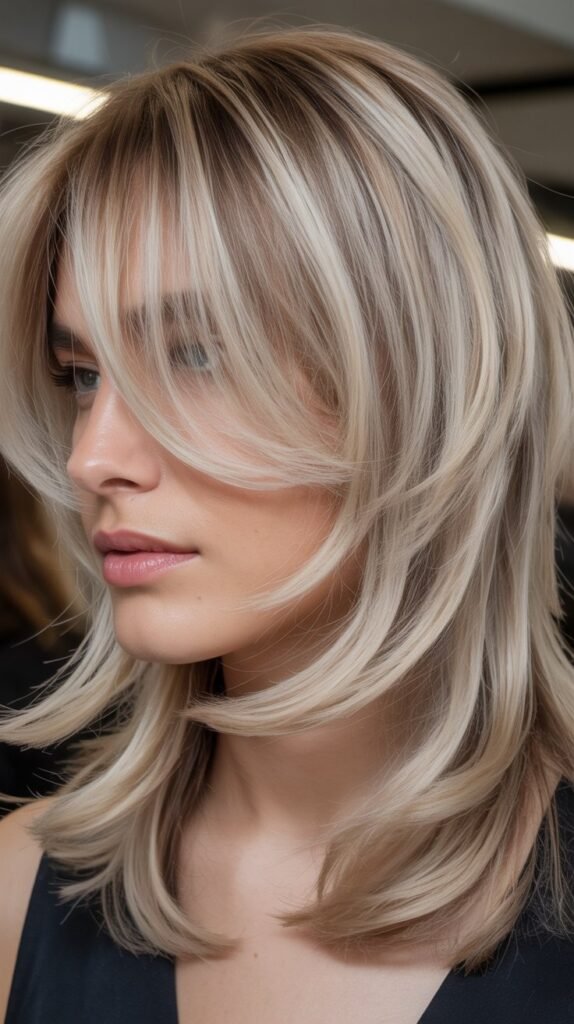 Silver Blonde Layered Shag with Curtain Bangs