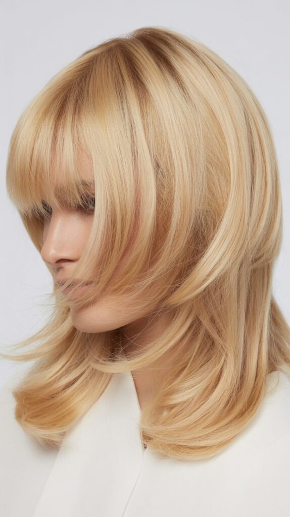 Feathered Straight Bangs with Vanilla Cream Blonde Layers