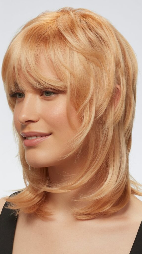 Textured Bangs with Apricot Blonde Layered Lob