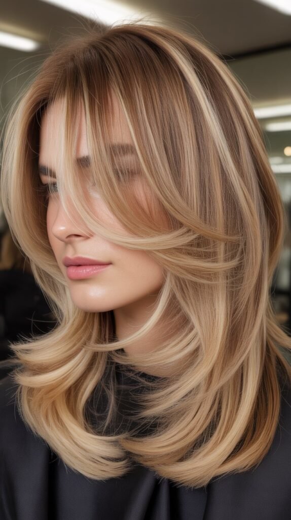 Balayage Blonde with Feathered Layers and Curtain Bangs