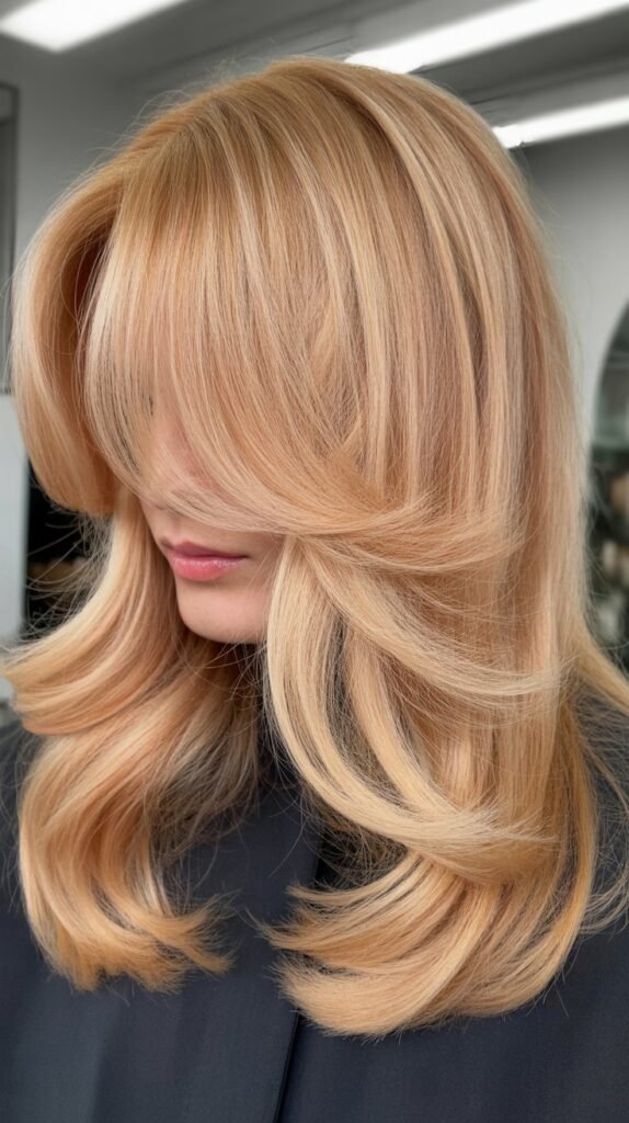 Strawberry Blonde Wavy Layers with Curtain Bangs
