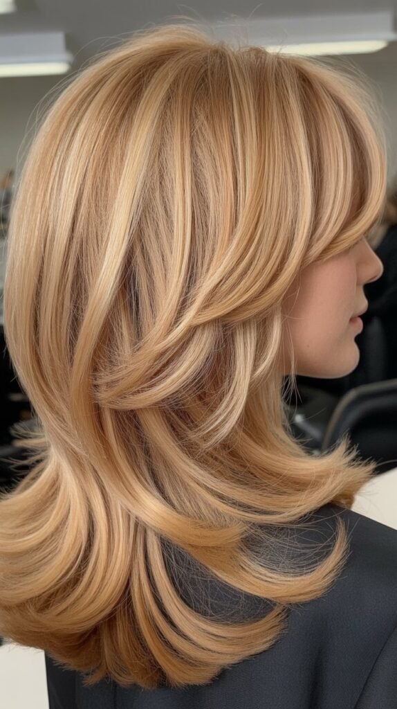 Side-Swept Bangs with Honey Butter Blonde Graduated Layers