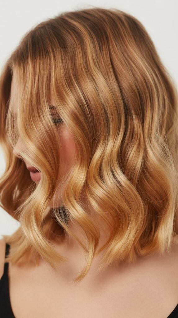 Wavy Honey Blonde Lob with Highlights