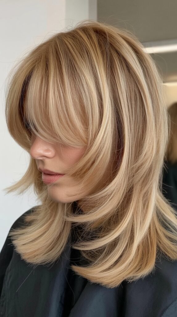 Wheat Blonde Choppy Layers with Curtain Bangs