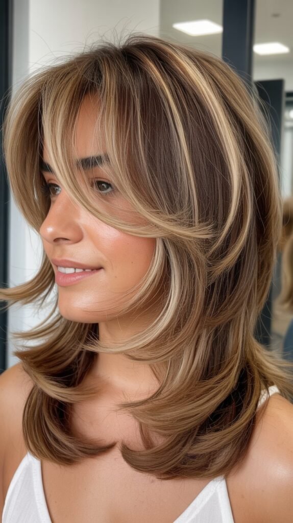 Medium Shaggy Layers With Curtain Bangs And Highlights