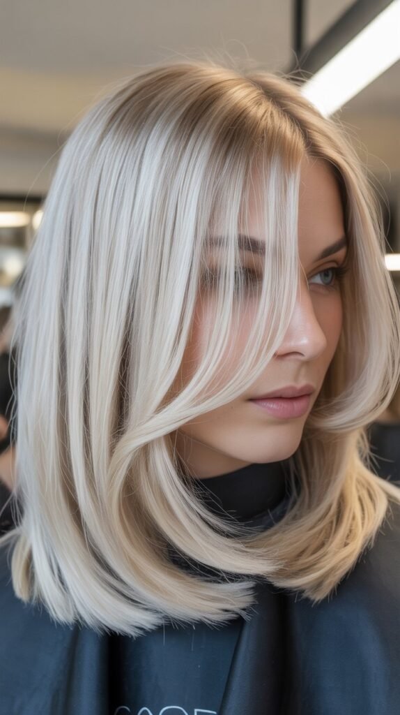  Ice Blonde Long Bob with Subtle Layers and Curtain Bangs