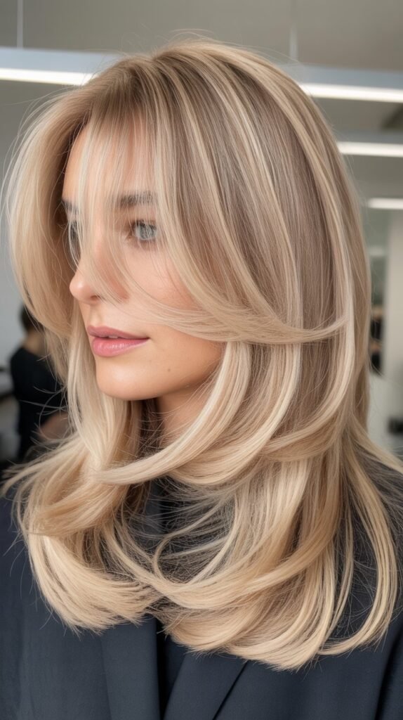  Long Layered Bangs with Beige Blonde Mid-Length Hair