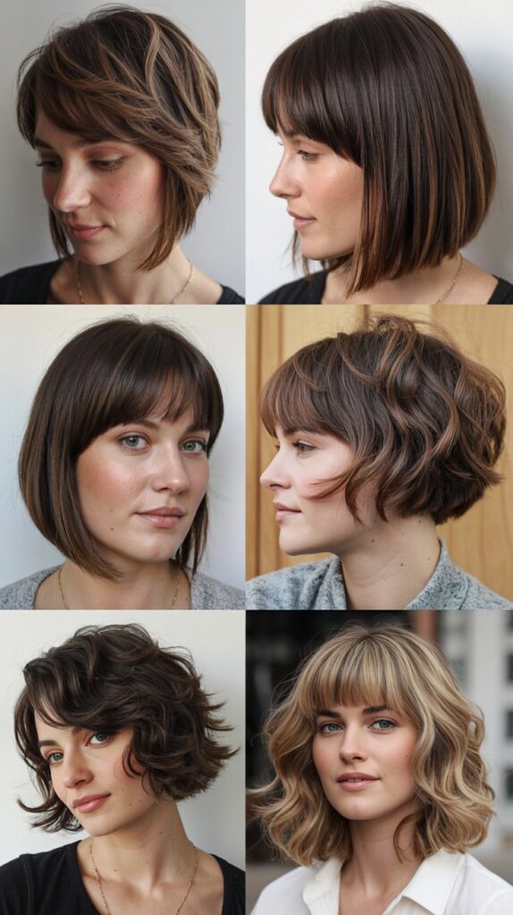36 Easy-Styling Bob Haircuts With Long Bangs for Busy Days 13 Stacked Bob With Long Wispy Bangs