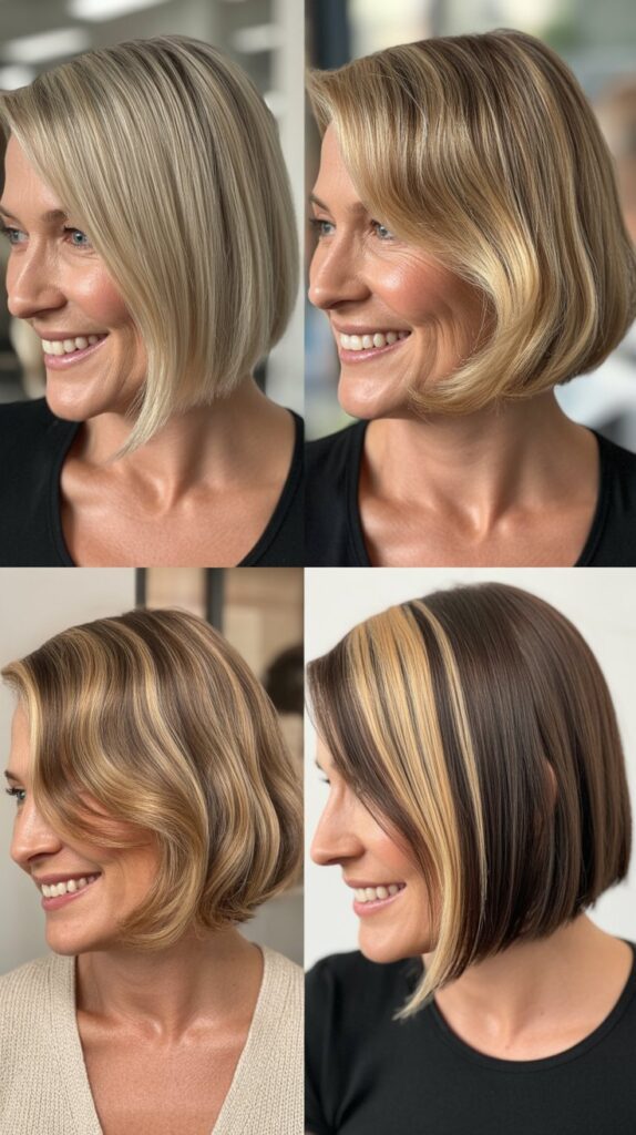 41 Modern Sassy Medium-Length Hairstyles for Older Women to Try Now 37 Sleek Shoulder Bob with Money Pieces