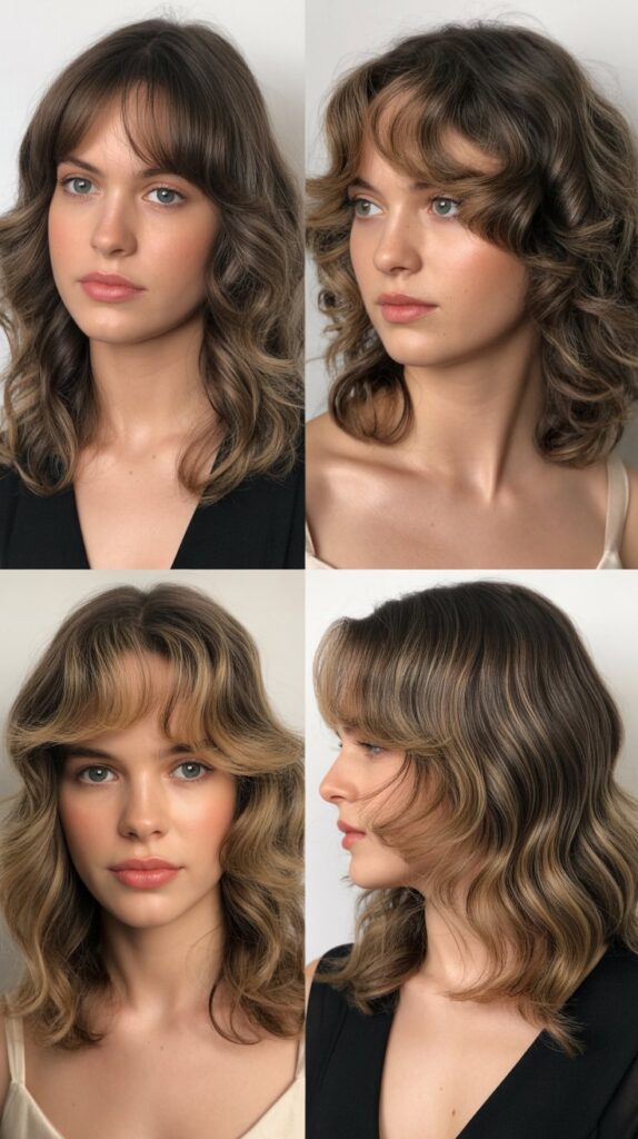 33 Flattering Medium Haircuts With Bangs for Round Faces 2 Curtain Bangs with Shoulder-Length Waves