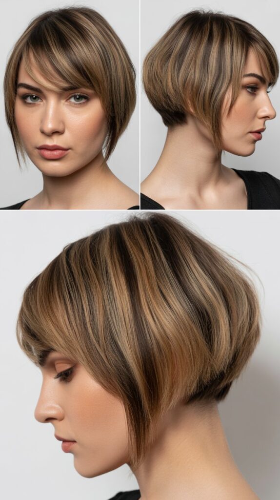 33 Flattering Medium Haircuts With Bangs for Round Faces 5 Asymmetrical Bangs with Graduated Bob