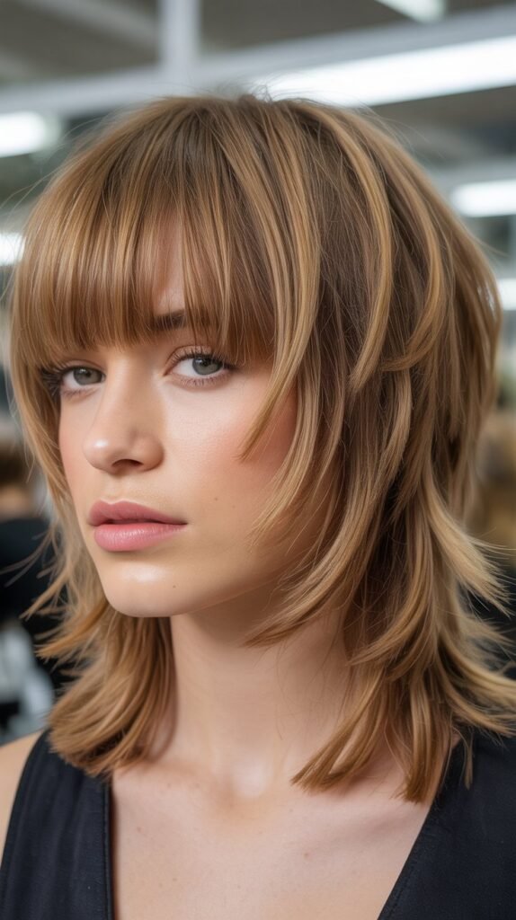 Choppy Shag with Blunt Bangs for Square Faces