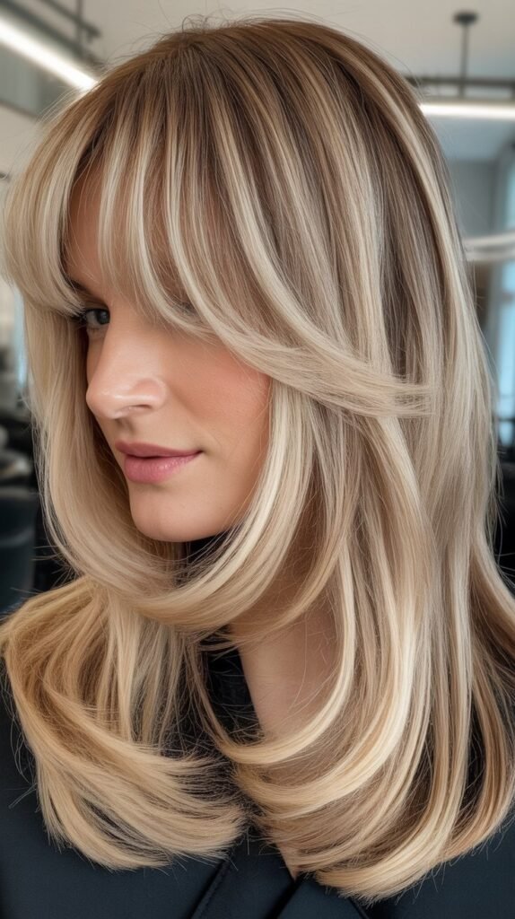Thick Bangs with Champagne Blonde Highlights