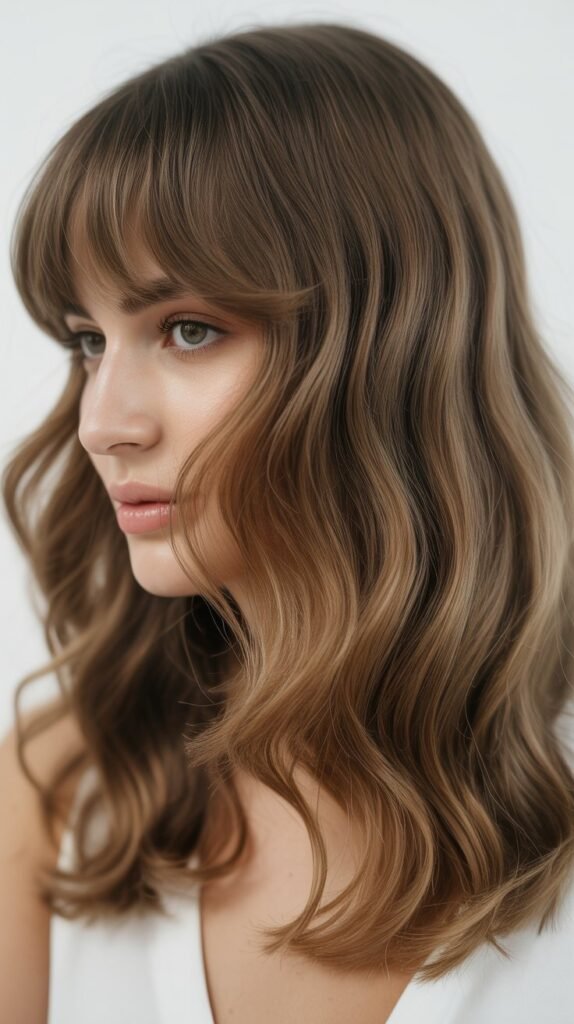 Eyebrow-Skimming Bangs with Midi-Length Waves