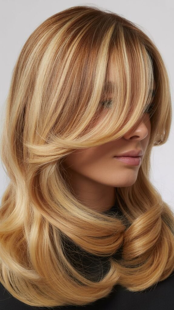 Caramel Blonde Highlights with Curtain Bangs