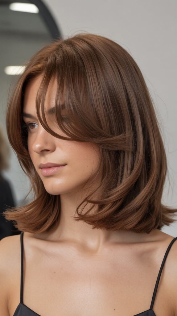 Soft Layered Lob with Curtain Bangs for Oval Faces