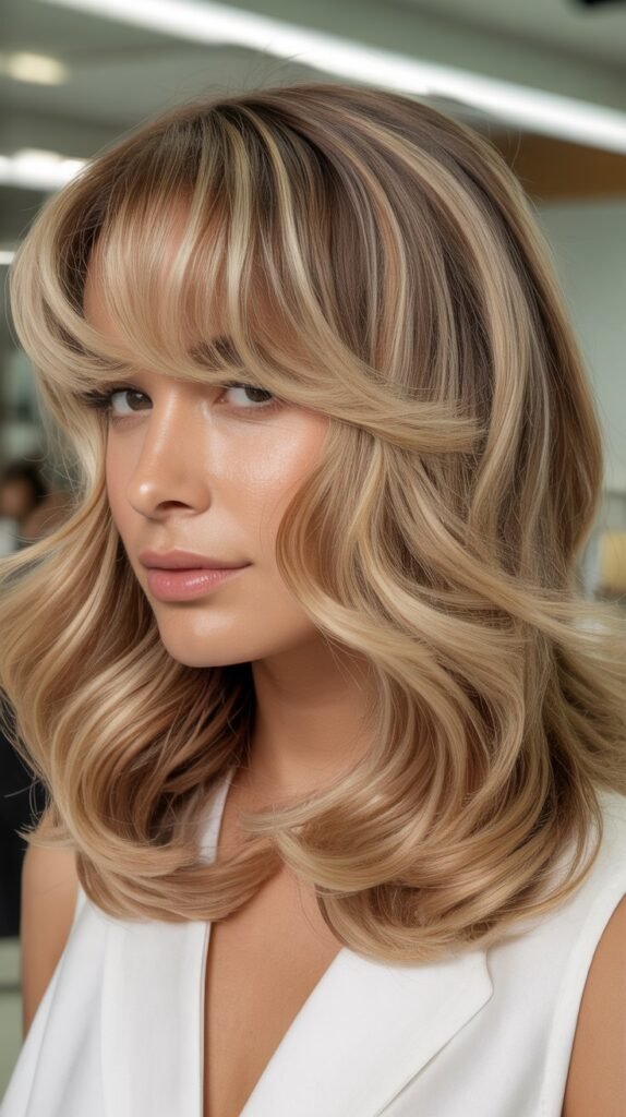 Soft Blended Bangs with Caramel Blonde Mid-Length Waves