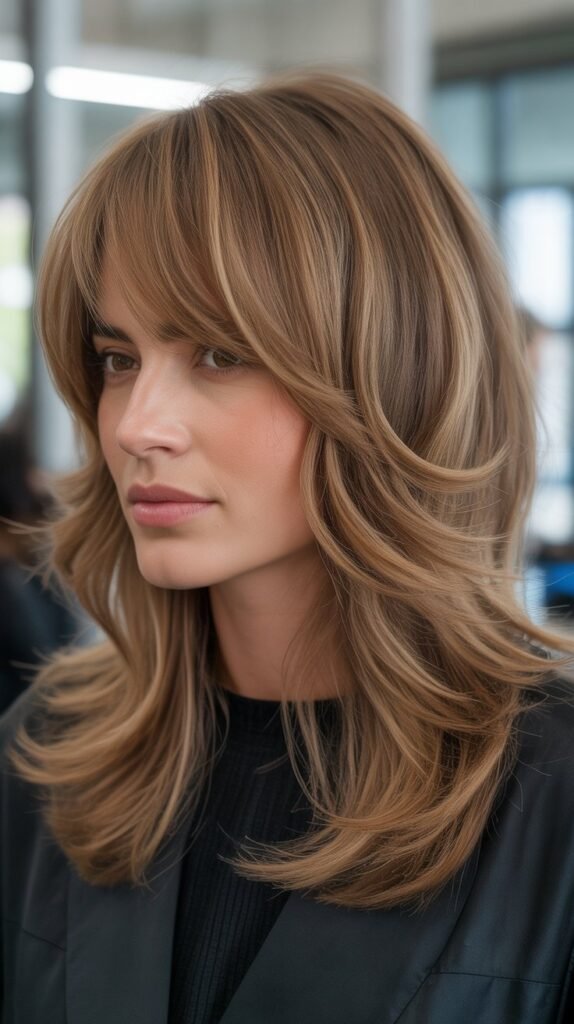 Voluminous Layers with Feathered Bangs for Fine Hair