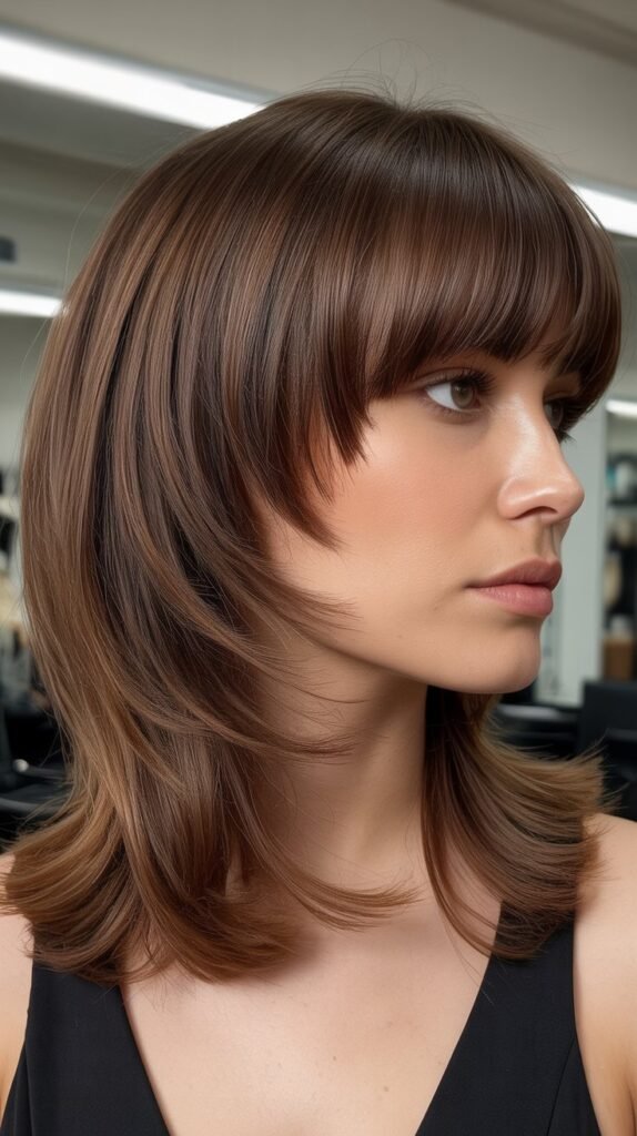 Layered Medium Cut with Bottleneck Bangs