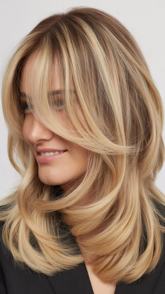 Piece-y Curtain Bangs with Natural Blonde Balayage