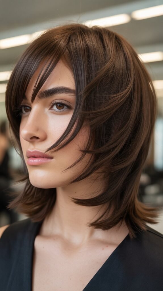 Asymmetrical Angled Bangs with Razor-Cut Layers