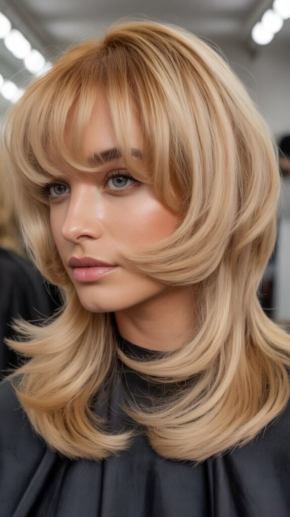 Heavy Bangs with Butter Blonde Face-Framing Layers