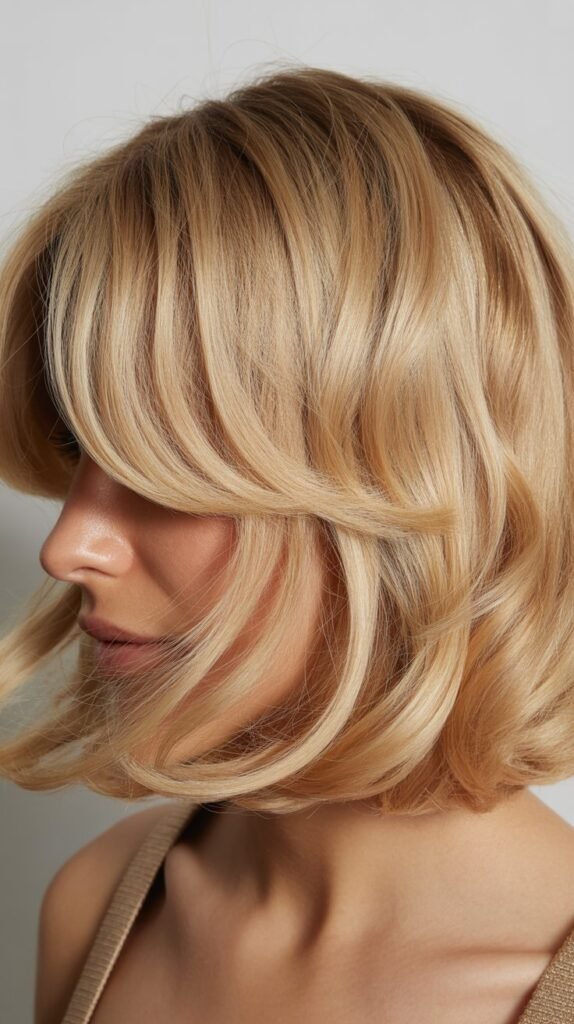 Textured Blonde Bob with Long Curtain Bangs
