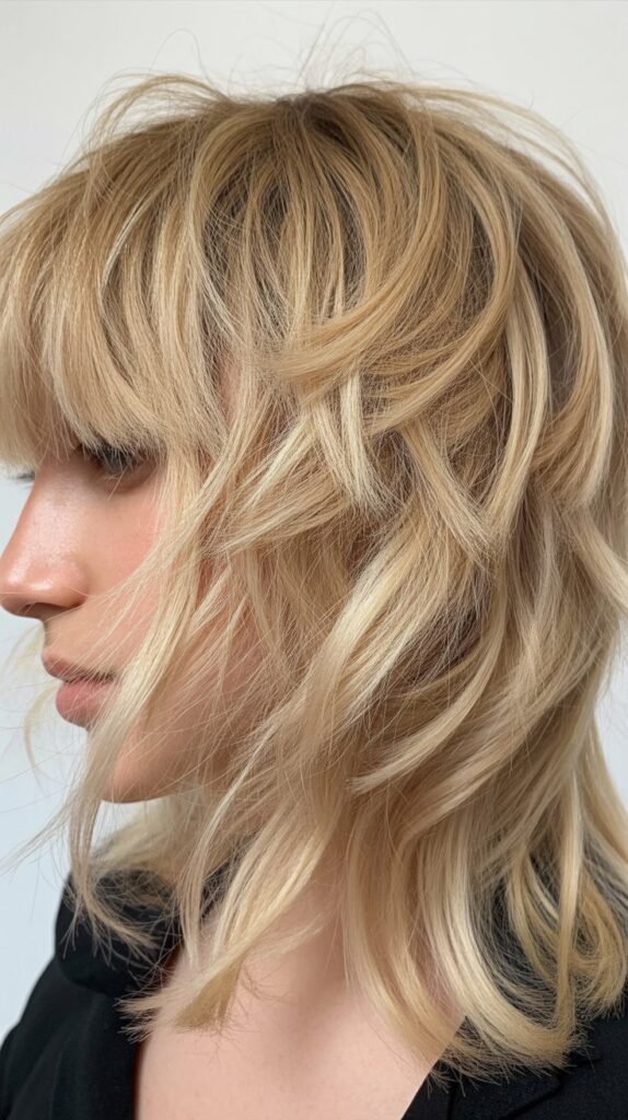 Textured Micro Fringe with Blonde Shag Layers