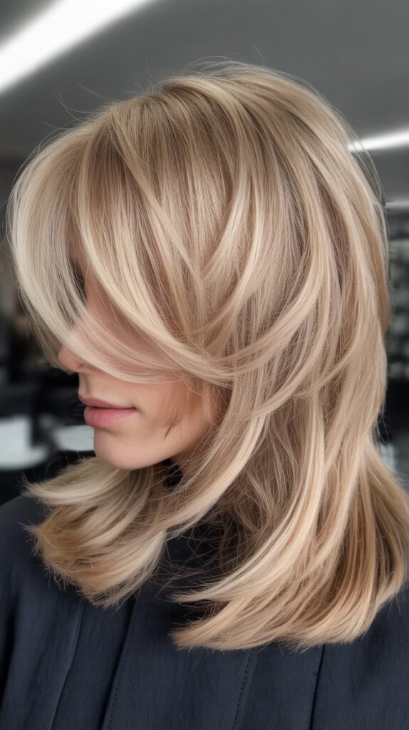 Choppy Side-Swept Bangs with Champagne Blonde Layers