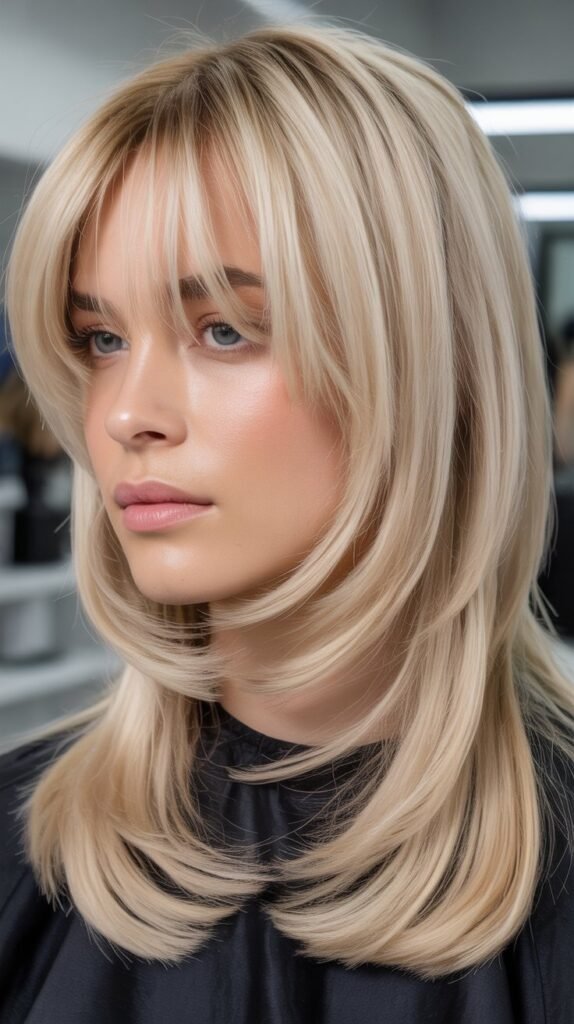 Cool Blonde Precision Layers with Blunt Curtain Bangs