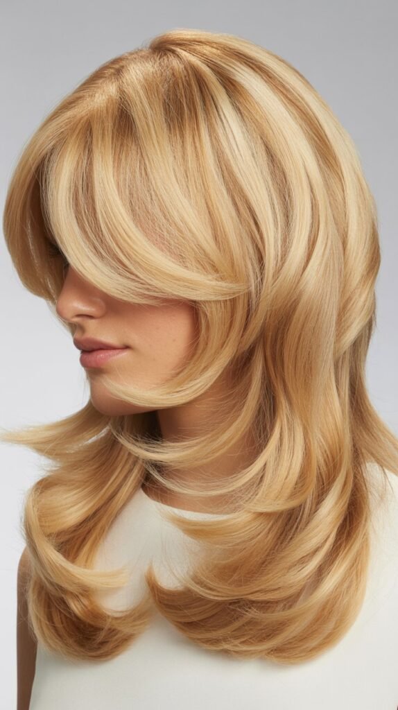  Buttery Blonde Butterfly Layers with Curtain Bangs