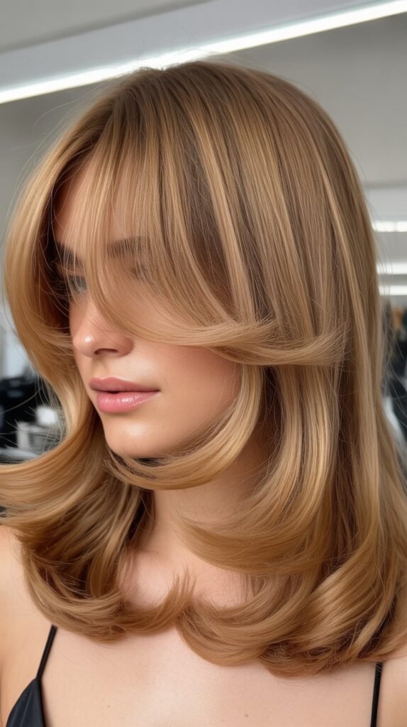 Layered Shoulder-Length Cut with Feathered Curtain Bangs