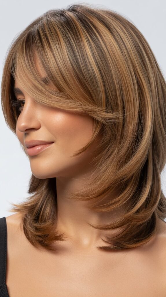 Side-Swept Curtain Bangs with Medium Layers