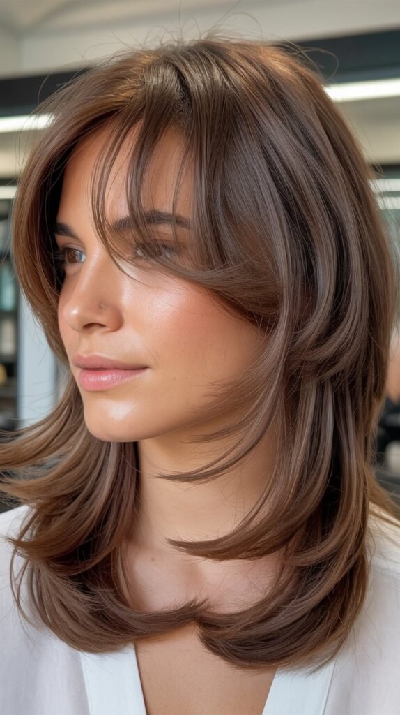 Relaxed Layers with Grown-Out Bangs for Transitional Style