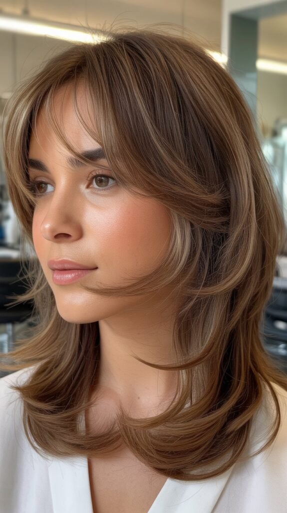 Long Layers with Baby Bangs for Oblong Faces