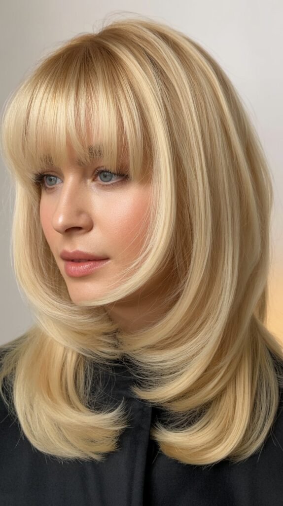  Full Bangs with Pale Lemon Blonde A-Line Layers