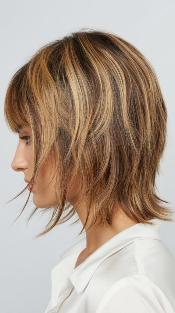 Choppy Shag With Curtain Bangs and Highlights