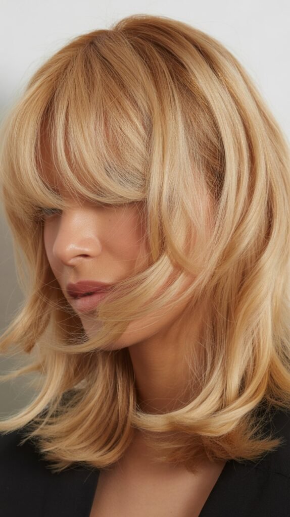 Layered Blonde Shag with Wispy Curtain Bangs