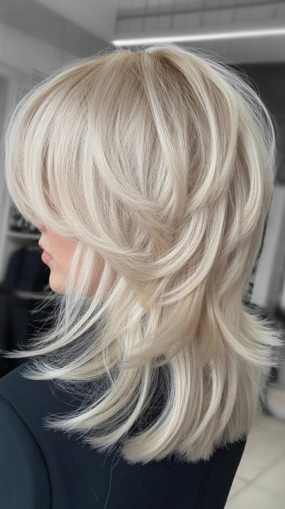 Platinum Blonde Shaggy Layers with Wispy Curtain Bangs