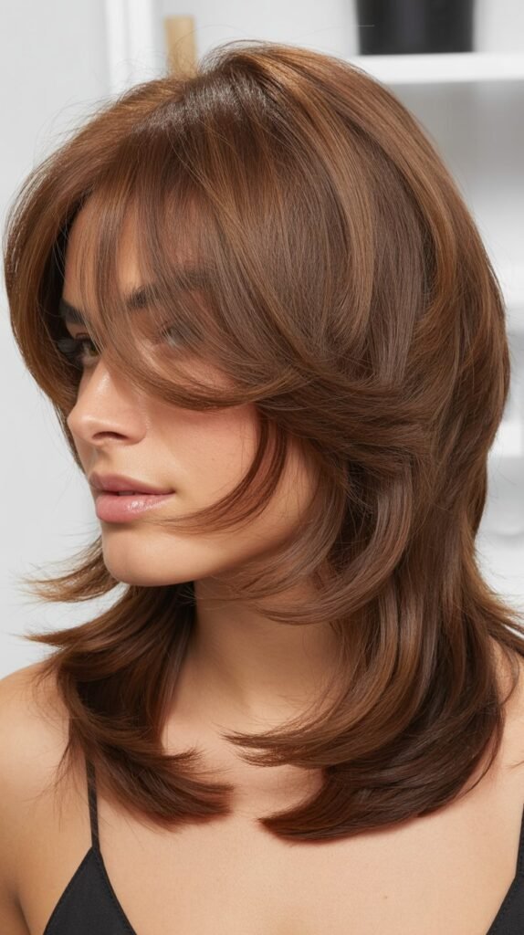 Asymmetrical Layers with Side-Part Bangs