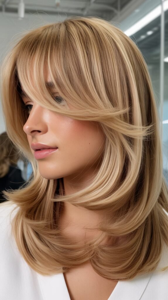 Side-Swept Bangs with Layered Blonde Midi Cut